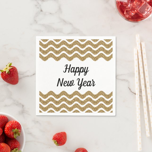 Elegant Gold Glitter Stripes Happy New Year  Napkin (Insitu)