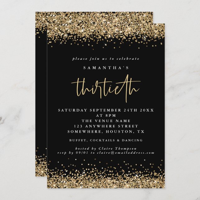 Elegant Gold Glitter Thirtieth Party Black Invitation (Front/Back)