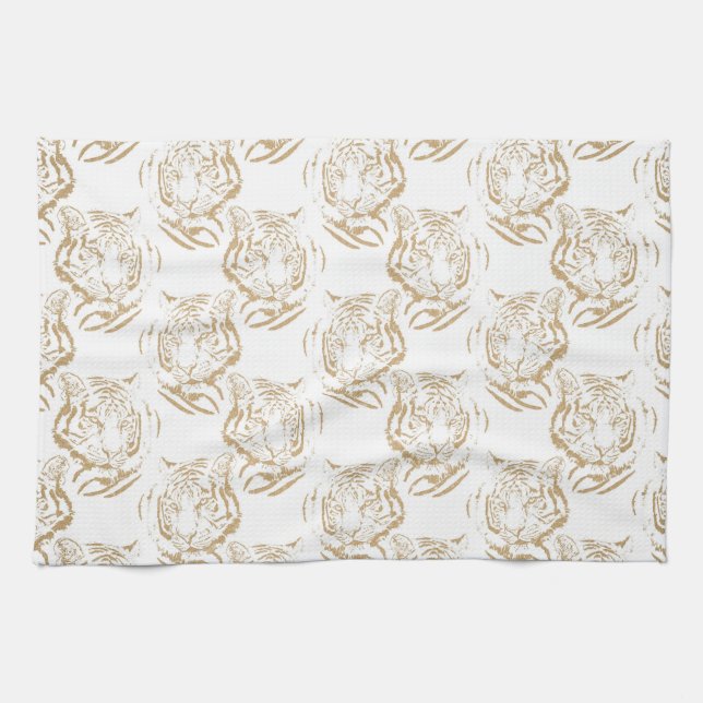 Elegant Gold Glitter Tiger Print White Design Tea Towel (Horizontal)