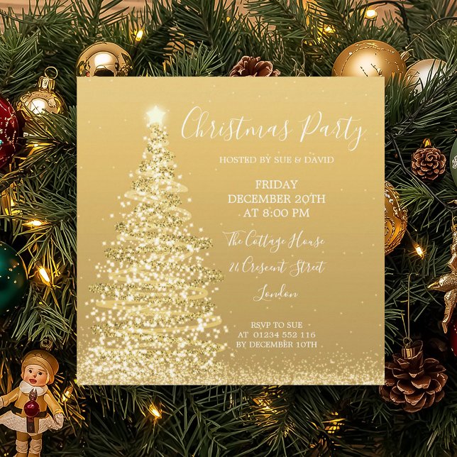 Elegant Gold Glitter Tree Christmas Party  Invitation (Elegant Gold Glitter Tree Christmas Party Invitation)