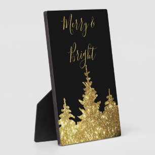 Elegant Gold Glitter Trees Merry and Bright  Plaque