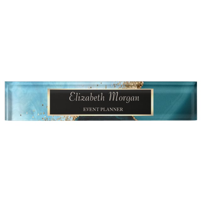 Elegant Gold Glitter Turquoise Marble, Frame Nameplate (Front)