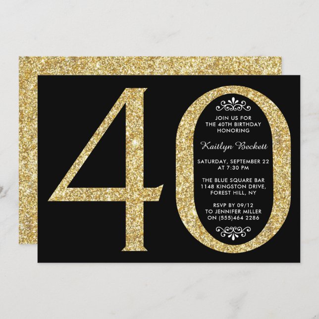 Elegant Gold Glitter Typography 40th Birthday Invitation (Front/Back)