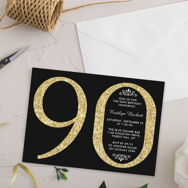 Elegant Gold Glitter Typography 90th Birthday Invitation (Creator Uploaded)