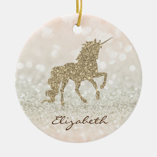 Elegant Gold Glitter Unicorn Bokeh Ceramic Ornament (Front)