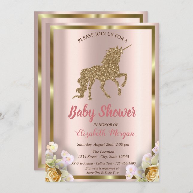 Elegant Gold Glitter Unicorn Floral Baby Shower In Invitation (Front/Back)