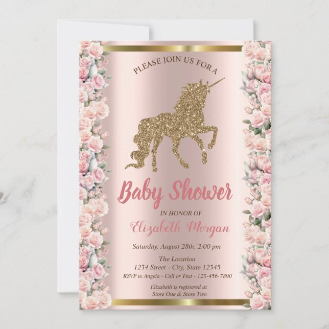 Elegant Gold Glitter Unicorn Roses Baby Shower  Invitation (Front)