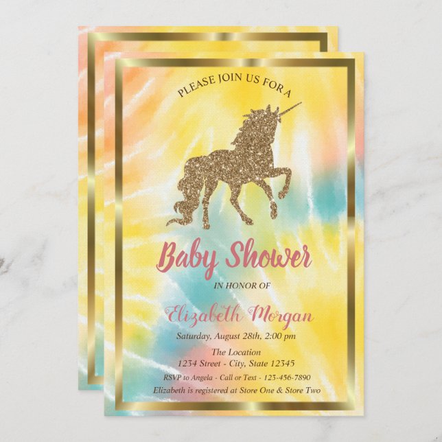 Elegant Gold Glitter Unicorn Tie Dye Baby Shower Invitation (Front/Back)