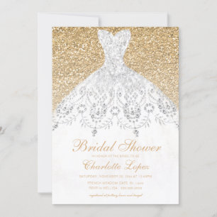 Elegant Gold Glitter Wedding Dress Bridal Shower Invitation