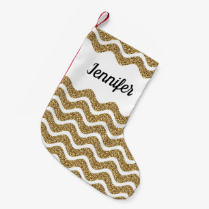 Elegant Gold Glitter White Chevron Stripes Name  Small Christmas Stocking