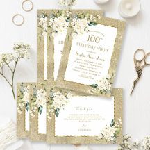 Elegant Gold Glitter White Flowers 100th Birthday