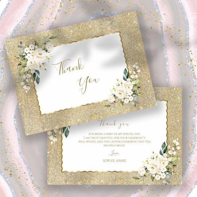 Elegant Gold Glitter White Flowers Woman Birthday Thank You Card (Creator Uploaded)