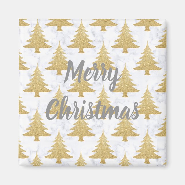 Elegant Gold Glitter & White Marble Christmas Tree Magnet (Front)