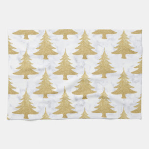 Elegant Gold Glitter & White Marble Christmas Tree Tea Towel