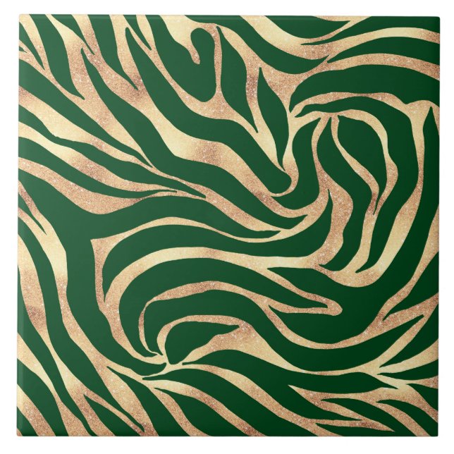 Elegant Gold Glitter Zebra Green Animal Print Ceramic Tile (Front)