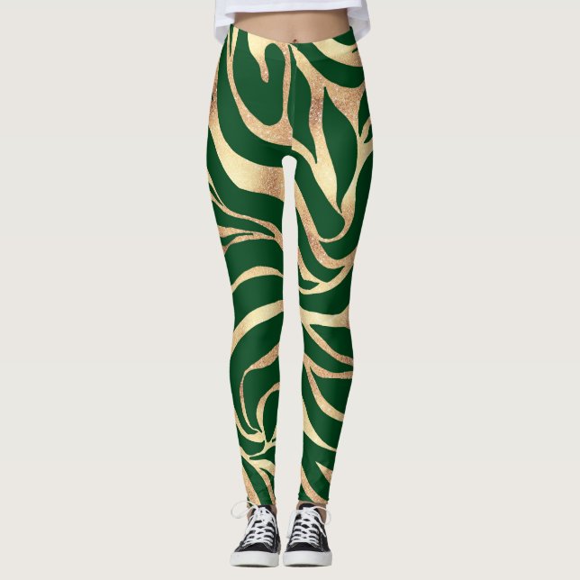Elegant Gold Glitter Zebra Green Animal Print Leggings (Front)