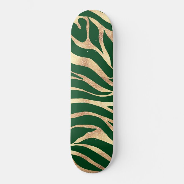 Elegant Gold Glitter Zebra Green Animal Print Skateboard (Front)