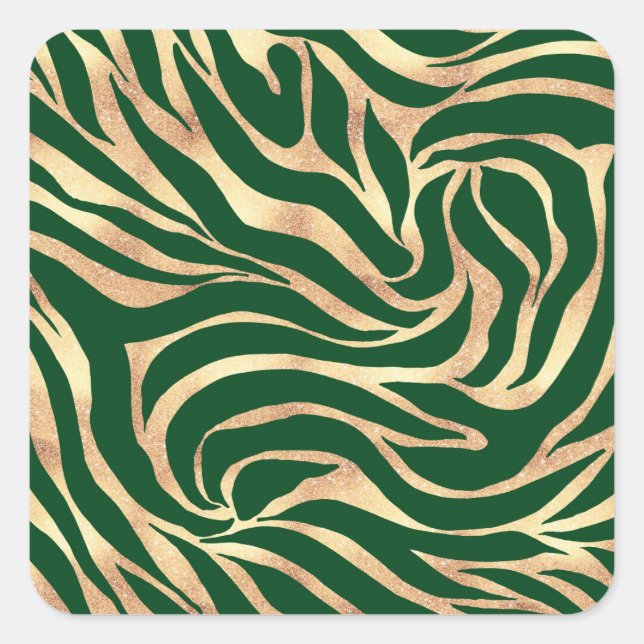 Elegant Gold Glitter Zebra Green Animal Print Square Sticker (Front)