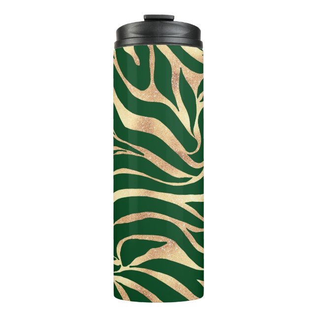 Elegant Gold Glitter Zebra Green Animal Print Thermal Tumbler (Front)