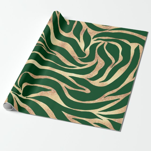 Elegant Gold Glitter Zebra Green Animal Print Wrapping Paper (Unrolled)