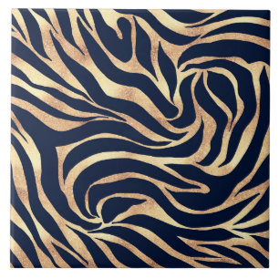 Elegant Gold Glitter Zebra Nay-Blue Animal Print Ceramic Tile
