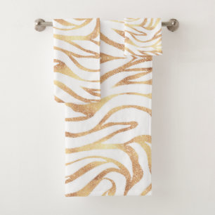 Elegant Gold Glitter Zebra White Animal Print Bath Towel Set