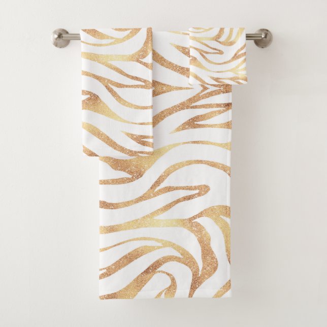 Elegant Gold Glitter Zebra White Animal Print Bath Towel Set (Insitu)