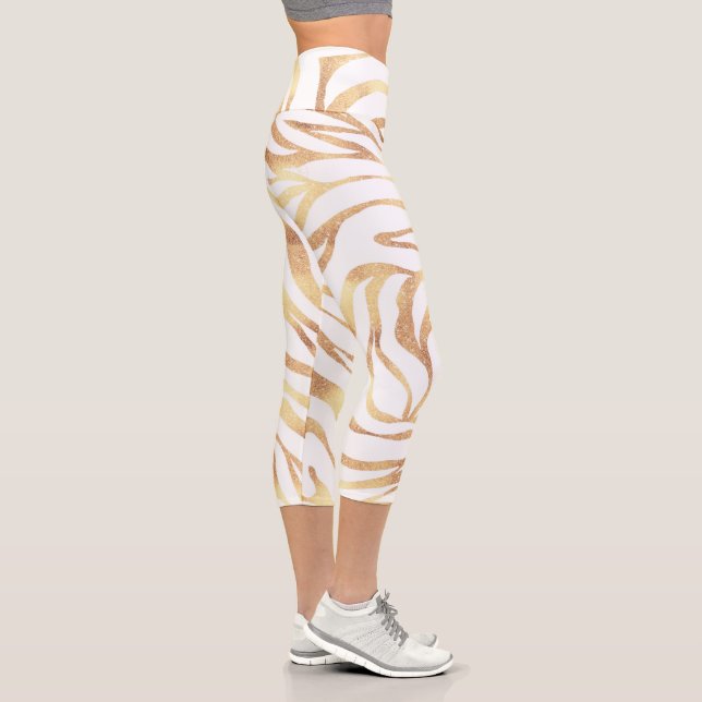 Elegant Gold Glitter Zebra White Animal Print Capri Leggings (Right)