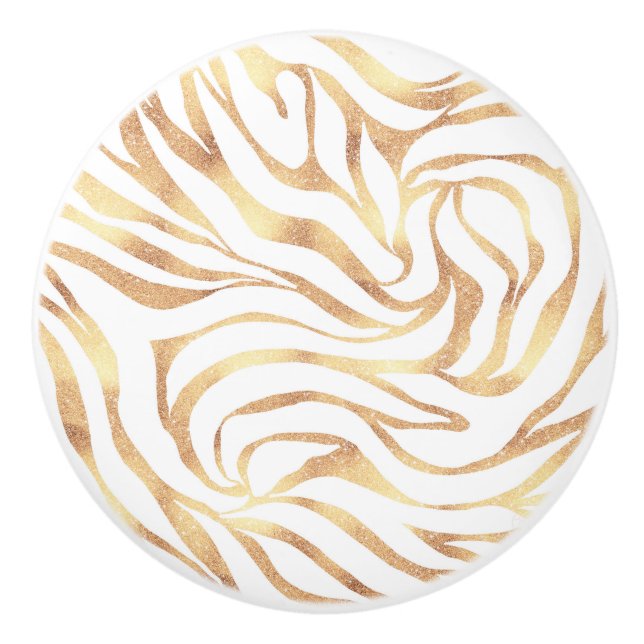 Elegant Gold Glitter Zebra White Animal Print Ceramic Knob (Front)