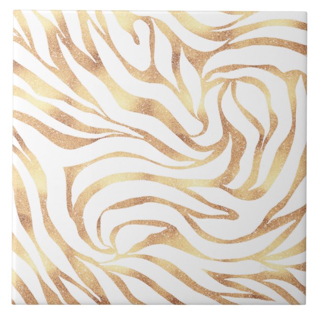Elegant Gold Glitter Zebra White Animal Print Ceramic Tile (Front)