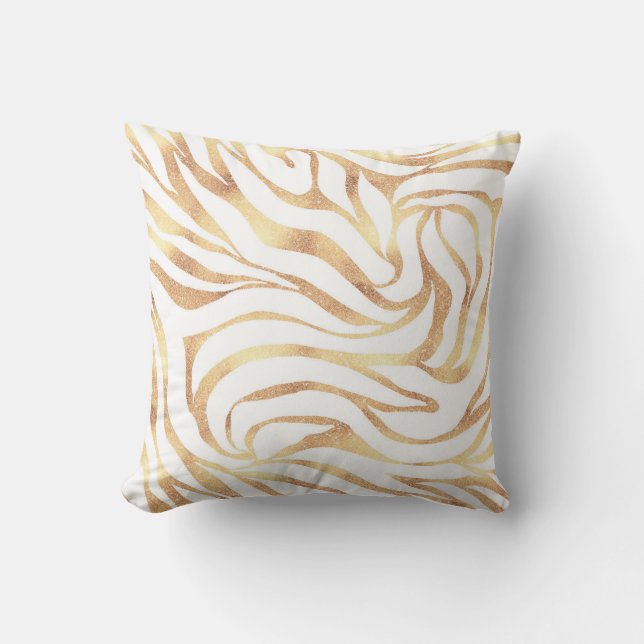 Elegant Gold Glitter Zebra White Animal Print Cushion (Front)