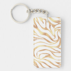 Elegant Gold Glitter Zebra White Animal Print Key Ring