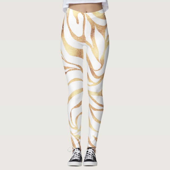 Elegant Gold Glitter Zebra White Animal Print Leggings (Front)
