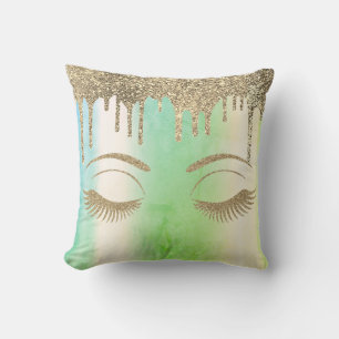 Elegant Gold Glittery Lashes,Drips Green Cushion