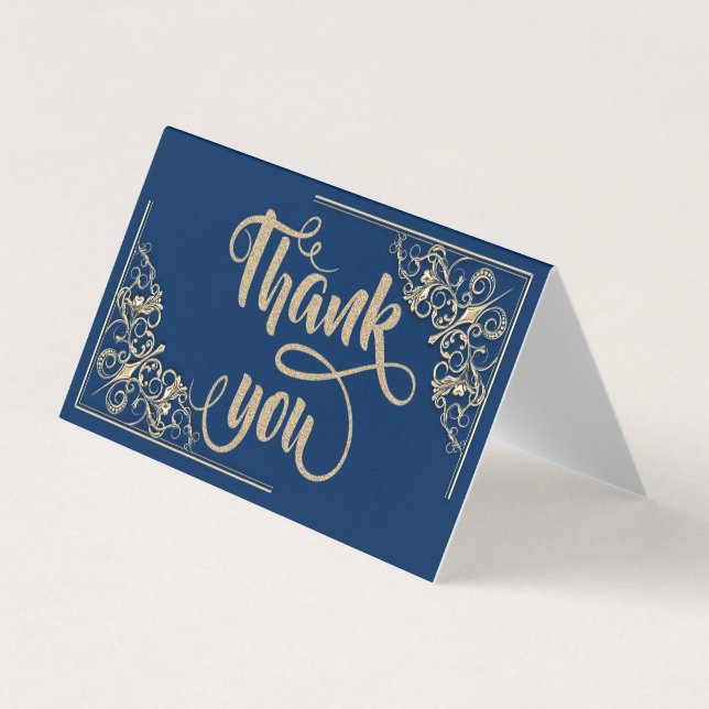 Elegant Gold Glittery Navy Blue Thank You Card (Front)
