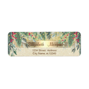 Elegant Gold Glittery Pine Tree Branches Christmas Return Address Label