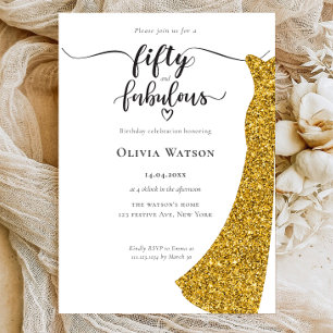 Elegant Gold Gown 50 and fabulous birthday Invitation