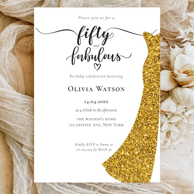Elegant Gold Gown 50 and fabulous birthday Invitation (Creator Uploaded)