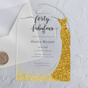 Elegant Gold Gown forty fabulous birthday Acrylic Invitations