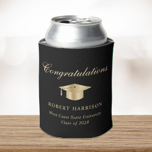 Elegant Gold Grad Cap Black Graduation Party Can Cooler