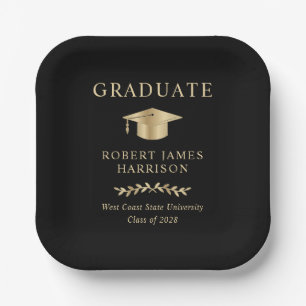 Elegant Gold Grad Cap Black Graduation Party Paper Plate