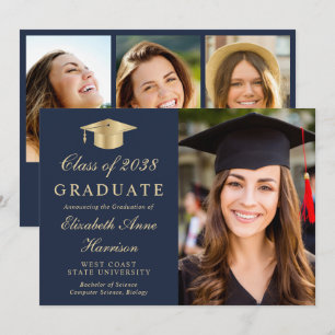 Elegant Gold Grad Cap Blue Photo Graduation Announcement