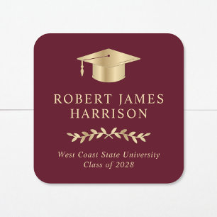 Elegant Gold Grad Cap Burgundy Red Graduation Square Sticker