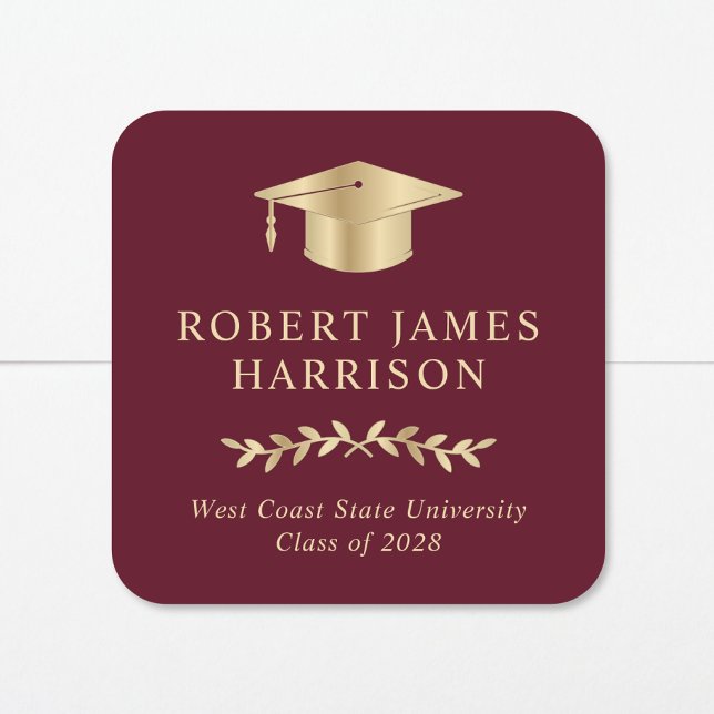 Elegant  Gold Grad Cap Burgundy Red Graduation Square Sticker (Creator Uploaded)