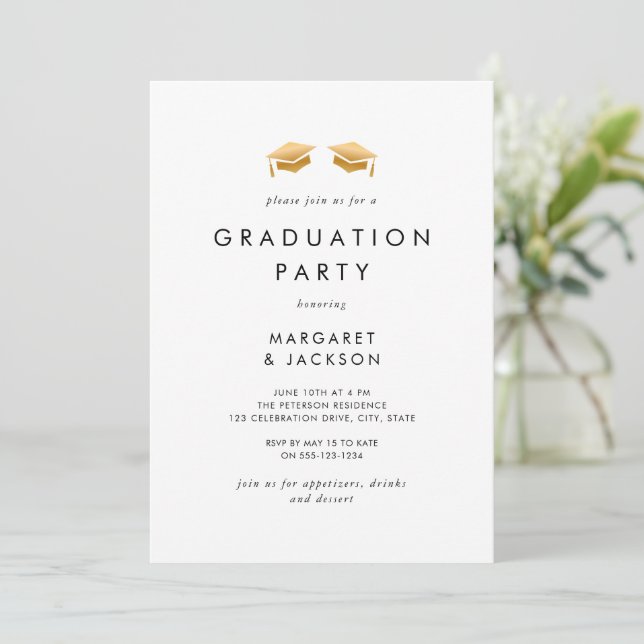 Elegant Gold Grad Cap Joint Graduation Party Invitation (Standing Front)