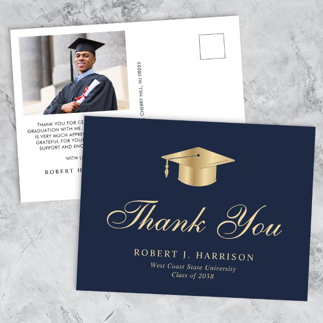 Elegant Gold Grad Cap Photo Graduation Thank You Postcard (An elegant photo graduation thank you card to show gratitude to friends and family for their support)