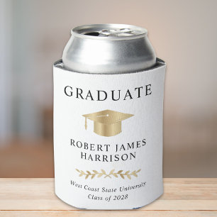 Elegant Gold Grad Cap White Graduation Party Can Cooler