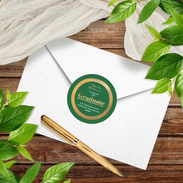 Elegant Gold Graduate Green Return Address Classic Round Sticker (Creator Uploaded)