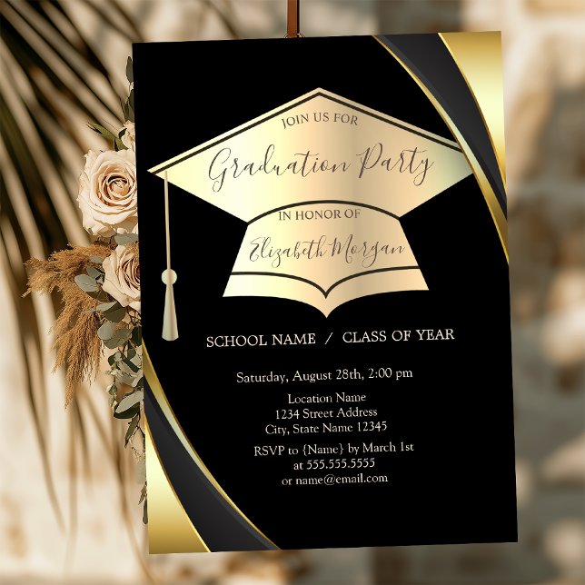 Elegant Gold Graduation Cap Frame Black Graduation Invitation (Creator Uploaded)