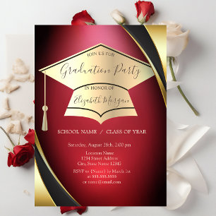 Elegant Gold Graduation Cap Frame Red Graduation Invitation